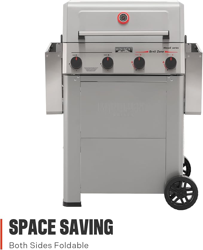 Monument Grills 4 Burner Propane Mesa 2 Gas Grill with Broil Zone, Stainless Steel Outdoor Patio Barbecue Grill with Cover, Foldable Side Shelves, Fast Heating, Assembles in 30 Mins, Mesa II 410FBZ