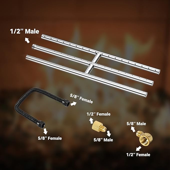 Skyflame 18" x 6" Rectangular Gas Fire Pit and Fireplace H-Burner with 3 Pipes - 304 Stainless Steel - for Indoor & Outdoor Use