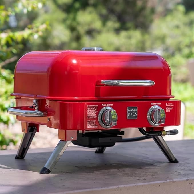 Kenmore Portable Propane Gas Grill - Tabletop BBQ Grill with Warming Rack, 2 Stainless Steel Burners with 14,000 BTUs, for Outdoor Kitchen, Camping, Red