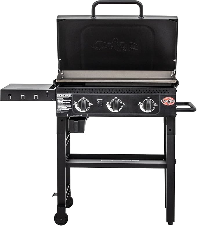 Char-Griller® Flat Iron 3-Burner Propane Gas Flat-Top Griddle with Steel Griddle Top, Hinged Lid and Wind Guards, 520 Cooking Square Inches in Black, Model 8428
