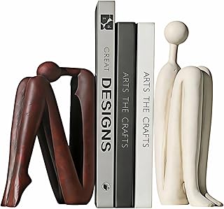 Resin Book Ends, Abstract Thinker Modern Minimalist Decorative Sculpture Bookends, Non-Slip Heavy Duty Bookends for Shelves for Home Office Shelves Desk, Set of 2 (Brown & White)