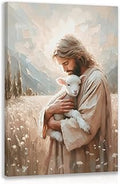 FASWQ Framed Jesus and Lamb Wall Art, Jesus the Good Shepherd Wall Decor, Religious Christian Canvas Painting, Bible Faith and Scripture Poster Print for Church LDS Bedroom Living Room, 12x16 Inch