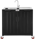 Feasto Outdoor Kitchen Island with Stainless Steel Sink and Storage Cabinet, 35-Inch BBQ Prep Station with Faucet & Lockable Wheels for Patio, Backyard, and Outdoor Cooking, Black & Silver