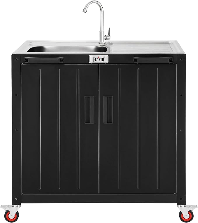 Feasto Outdoor Kitchen Island with Stainless Steel Sink and Storage Cabinet, 35-Inch BBQ Prep Station with Faucet & Lockable Wheels for Patio, Backyard, and Outdoor Cooking, Black & Silver