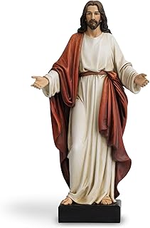 12 Inch Jesus Statue with Open Arms, Hand Painted Jesus Christ Figurine in Red Robe, Realistic Christian Religious Resin Home Décor