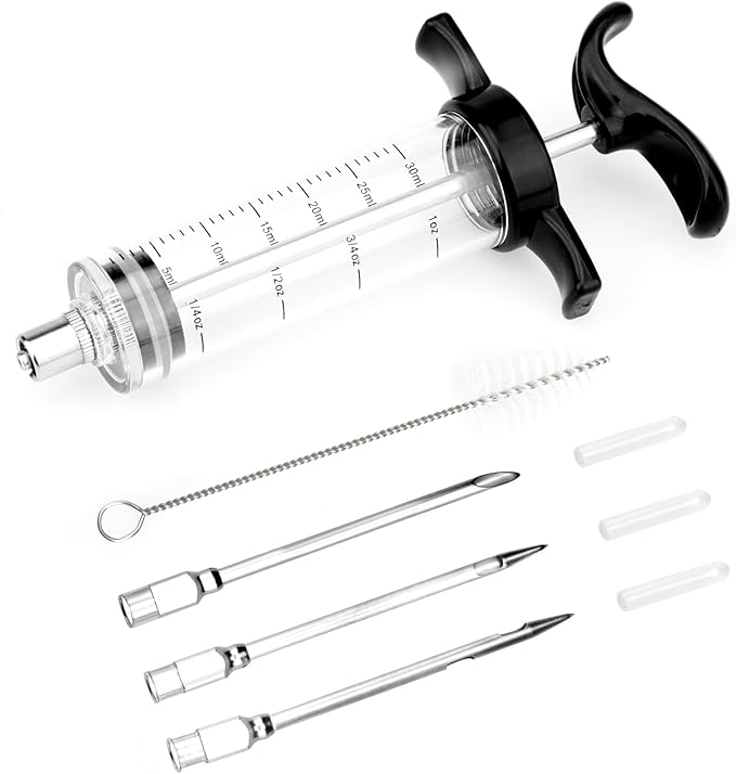 Turkey Meat Injector Syringe Kit with 3 Marinade Needles for BBQ Grill Smoker, 1 Cleaning Brush, 1 Oz/30 ml Large Capacity Injector Marinades for Meats Black