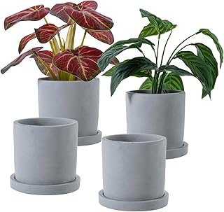 MyGift 4 Inch Unglazed Gray Concrete Planter, Cylindrical Cactus Herb Succulent Planter Pots with Removable Drainage Trays, Set of 4