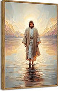 BingruiArt Jesus Wall Art Jesus Walking on Water Canvas Christian Decor Golden Picture Walk of Christ Painting God Print Divine Mercy Poster for Home Office Church 36"x24" Natural Framed