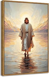 BingruiArt Jesus Wall Art Jesus Walking on Water Canvas Christian Decor Golden Picture Walk of Christ Painting God Print Divine Mercy Poster for Home Office Church 36"x24" Natural Framed