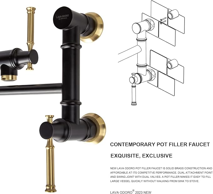 Lava Odoro Matte Black and Brushed Gold Pot Filler, Two-Attachment Wall Mount Pot Filler Faucet Black and Brass Folding Kitchen Pot Filler Single Hole with Double Joint Swing Arm, PF312-GB