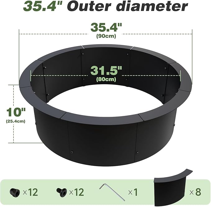 Outdoor Fire Pit Ring 35.4-Inch Outer/31.4-Inch Inner, Fire Pit Insert Round Metal Steel Fire Rings for Outside Wood Burning Fire Pits-Above Or In-Ground, Patio Backyard Camping Bonfire