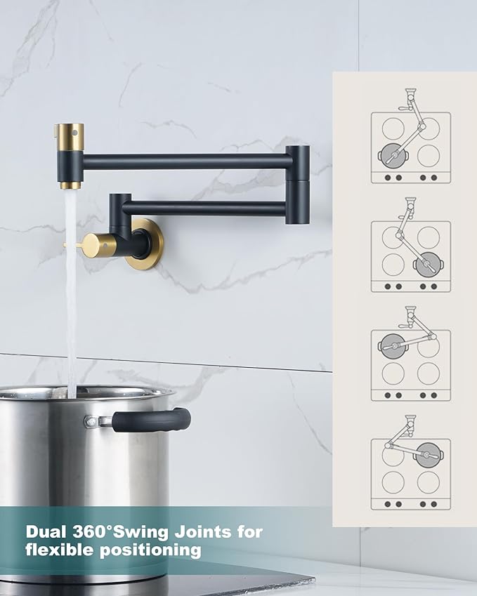 Pot Filler Faucet Black and Gold, ARCORA Modern Pot Filler Wall Mount 2 Handle with Double Joint Swing Arms Brass Stove Faucet