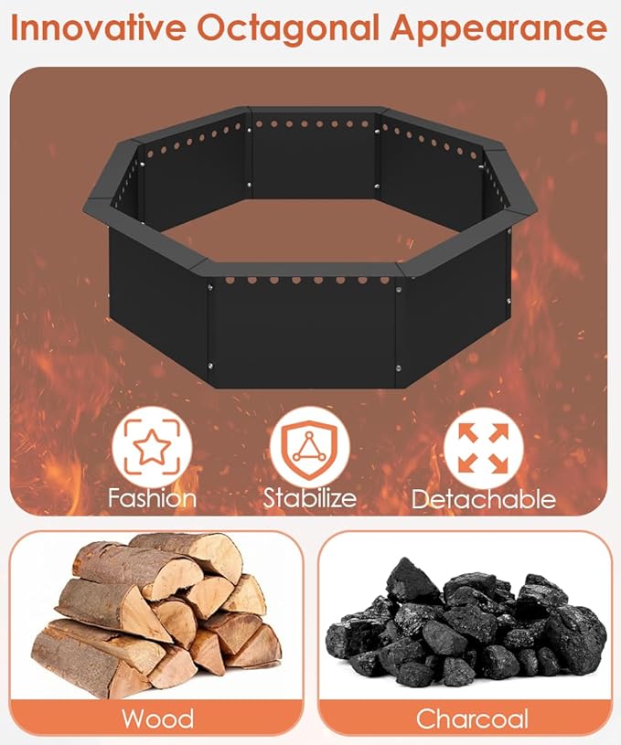 Mocomax Smokeless Fire Pit Ring 32-Inch Outer 28-Inch Inner Diameter, Large Solid Steel Firepit Liner for Outside Wood Burning, DIY Campfire Ring Above or In-Ground for Outdoor, Octagonal