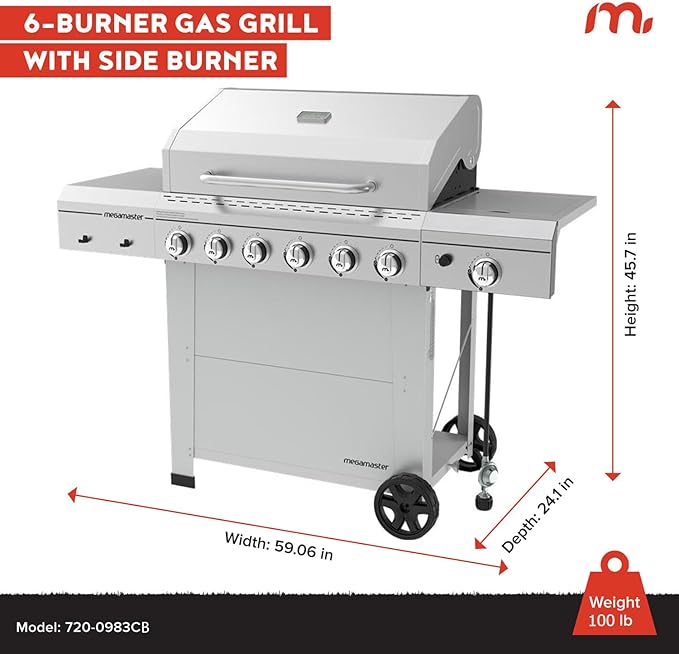 Megamaster Stainless Steel 6-Burner Propane Gas Grill with Side Burner, Barbecue Grill with Temperature Gauge, 66,000 BTUs, 737 SQ. In. Cooking Area, Outdoor BBQ Grill for Backyard Patio - 720-0983CB
