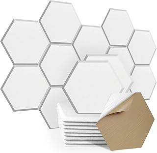 SHJADE 12 Pack Acoustic Panel Self-Adhesive, 12" X 10" X 0.4"High Density Sound Proof Padding, Hexagon Sound Proof Insulation Beveled Edge Wall Tiles(White)