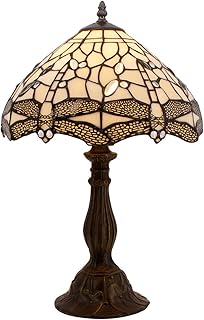 WERFACTORY Tiffany Lamp Cream Stained Glass Dragonfly Bedside Table Lamp Desk Reading Light 12X12X18 Inches Decor Bedroom Living Room Home Office S139 Series