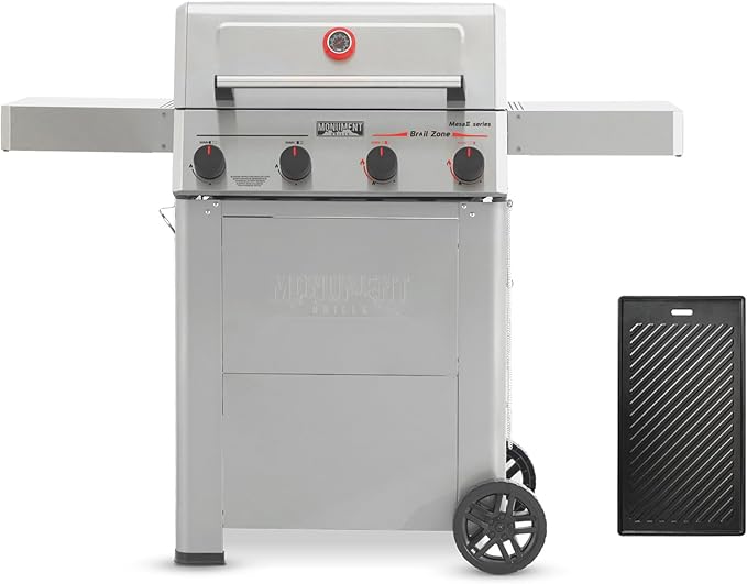 Monument Grills 4 Burner Propane Gas Grill with Broil Zone, Stainless Steel Patio Mesa 2 Barbecue Grill with Cooking Plate, Foldable Side Shelves, Fast Heating, Assembles in 30 Mins, Mesa II 410FBZ