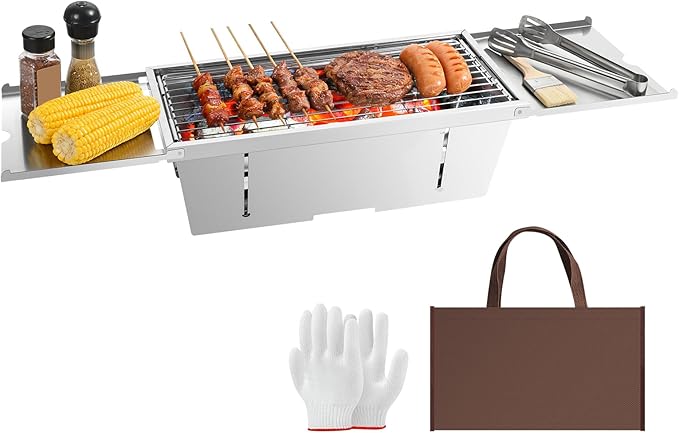 Uten Charcoal Grill, Stainless Steel Folding Portable Grill with Foldable Condiment Plates, Lightweight & Heat Resistant, Smoker BBQ for Camping, Tailgating, Picnics, Beach Barbecues(17.3" x 8.7")
