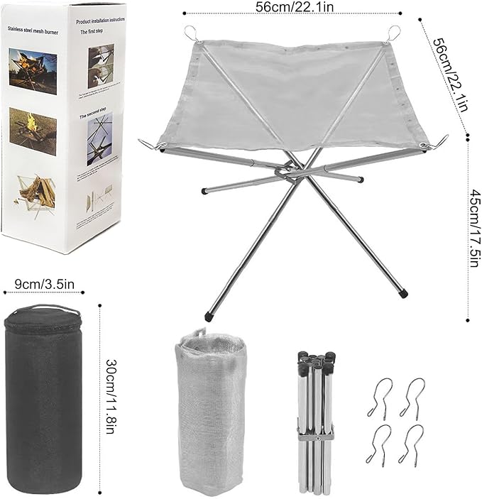 22 Inch Portable Outdoor Fire Pit with Carrying Bag,Foldable Stainless Steel Mesh Fireplace Wood Burning Collapsible Fireplace for Camping Outdoor Hiking BBQ Picnic