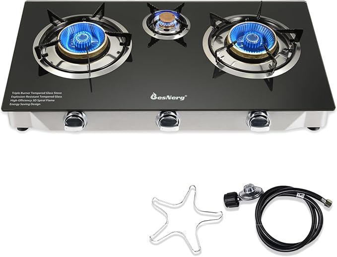 Propane Stove 3 Burner Gas Stove, 34000 BTU High-Efficiency Auto Ignition Tempered Glass LPG Cooktop with CSA Regulator and Hose – for Outdoor Camping, RV, and Emergency Cooking