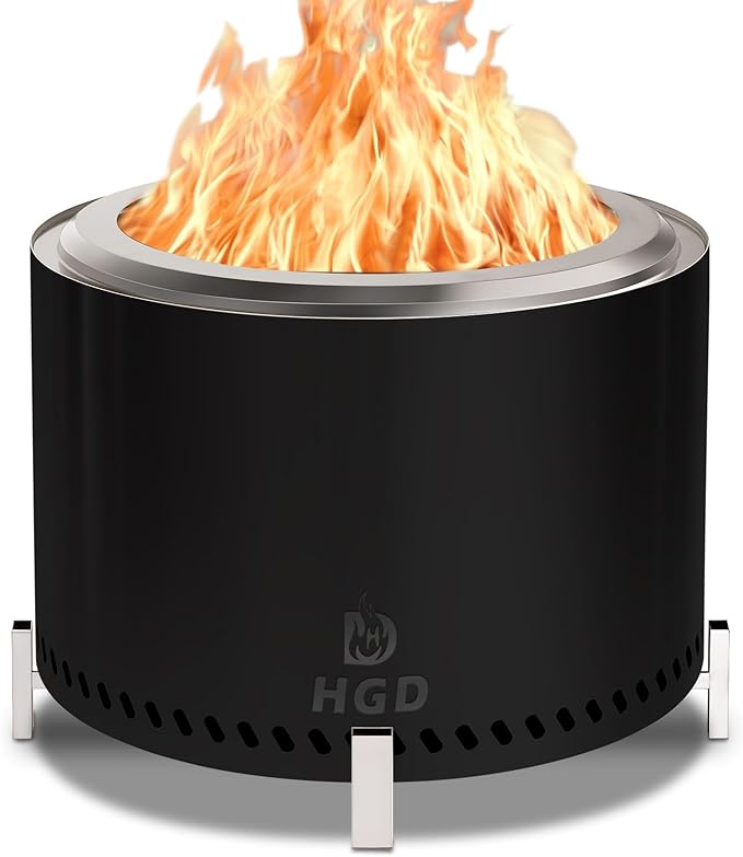 HGD 19.5" Smokeless Firepit with Stand, Stainless Steel Wood Burning Fire Pit for Friends & Family Gatherings, Secondary Combustion Outdoor Patio Stove for Garden BBQ & Bonfire (Black)