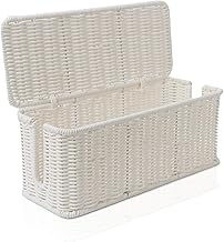Cable Management Box, Handmade Rattan Cable Organizer with 2 Open Slots, Cord Hider for Power Strip, Router & USB Hub, Registered U.S. Design Patent (D1,112,102), 13" x 5.1" x 5.1", White