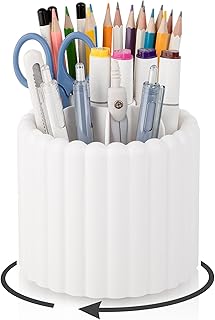 Anyoifax 360° Rotating Pen Holder 7 Slots Desk Organizer Removable Pencil Cup Plastic Art Supplies and Accessories Desktop Storage Box Caddy for Office, School, Home (White)