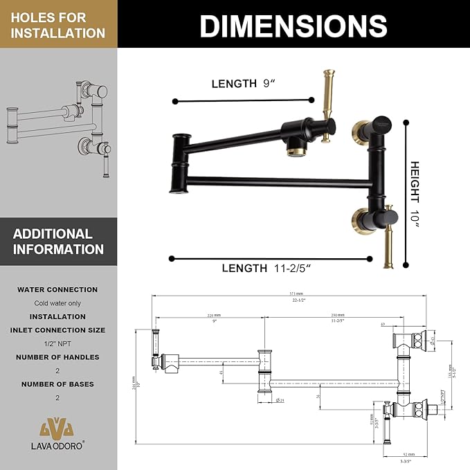 Lava Odoro Matte Black and Brushed Gold Pot Filler, Two-Attachment Wall Mount Pot Filler Faucet Black and Brass Folding Kitchen Pot Filler Single Hole with Double Joint Swing Arm, PF312-GB