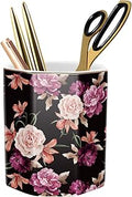 Pen Holder, Pencil Holder for Desk Floral Pattern Pencil Cup for Girls Kids Durable Ceramic Desk Organizer Makeup Brush Holder for Office, Classroom, Home, Black Flower