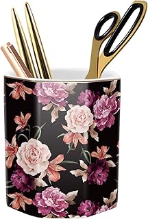 Pen Holder, Pencil Holder for Desk Floral Pattern Pencil Cup for Girls Kids Durable Ceramic Desk Organizer Makeup Brush Holder for Office, Classroom, Home, Black Flower