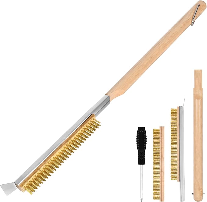 Aolso Pizza Oven Brush, 26" Brush and Stainless Steel Scraper for Pizza Stone, BBQ Grill Cleaning Brush Non Scratch Heat Proof Brass Bristles with Screwdriver, Outdoor Pizza Oven Accessories