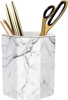 Pen Holder, Stand for Desk Pencil Cup for Girls Kids Durable Ceramic Desk Organizer Makeup Brush Holder for Office, Classroom, Home, White Marble