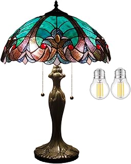 WERFACTORY Tiffany Style Lamp Green Liaison Stained Glass Bedside Table Lamp 16X16X24 Inches Desk Light Metal Base Decor Bedroom Living Room Home Office S160G Series Teal Purple