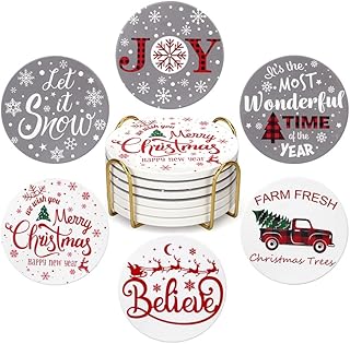 6 Pcs Ceramic Christmas Coasters Absorbent Drink Coasters with Holder Cute Xmas Coaster Set Decorative Coffee Table Decor Coaster Funny Christmas Decoration Housewarming Gift Festive Cup Coasters