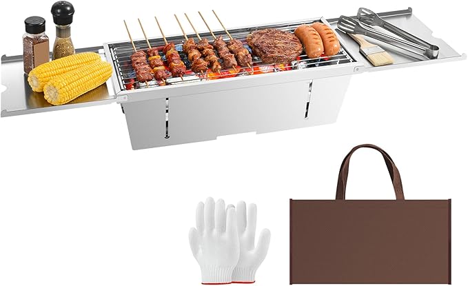Portable Charcoal Grill, Uten Stainless Steel Foldable Barbecue with Carry Bag & Side Tables, Lightweight for Camping, Tailgating, Beach, Picnic (19.1" x 8.7")