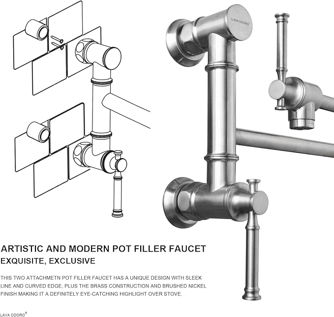 Lava Odoro Pot Filler Faucet Brushed Nickel, Modern Two-Attachment Pot Filler Wall Mount Two Handle Folding Kitchen Faucet with Dual Joint Swing Arm, Spot-Resist Stainless, PF312-BN
