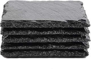 Slate Stone Drink Coasters - Set of 5 Square Black Natural Edge Stone Drink Coasters for Bar and Home- 4" x 4"