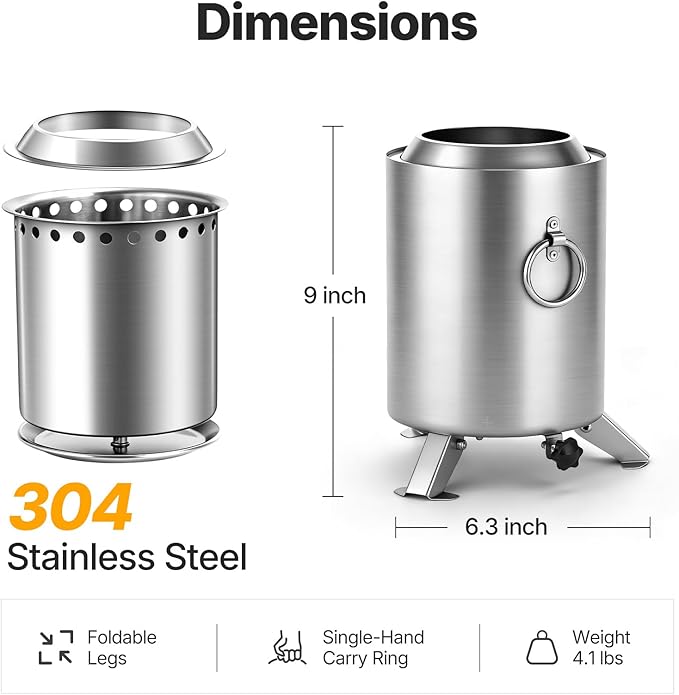 7 Inch Tabletop Fire Pit, Smokeless Mini Firepit with Stand, Portable Wood & Pellet Firepit for Camping, Indoor & Outdoor & Backyard, Forks, Spoon & Travel Bag Included, Stainless Steel