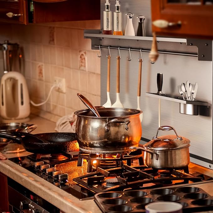 30"x30" Stainless Steel Stove Backsplash – Range Backsplash with Shelf & Knife Holder – Kitchen Wall Splash Guard with Pre-Drilled for Easy Installation & Easy Clean