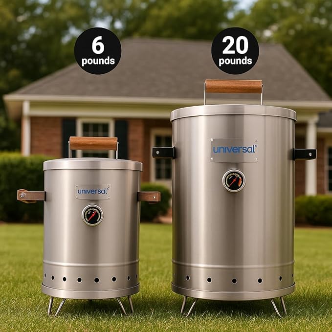 Universal (6-pound) Stainless Steel (Small) Charcoal Barrel Smoker with Thermometer & Airlock system - 16.5"x 21.18" x ⌀11.81", 2 in 1 Vertical Smoker - Grill and Smoker, 6-serving Slow Cooking Smoker