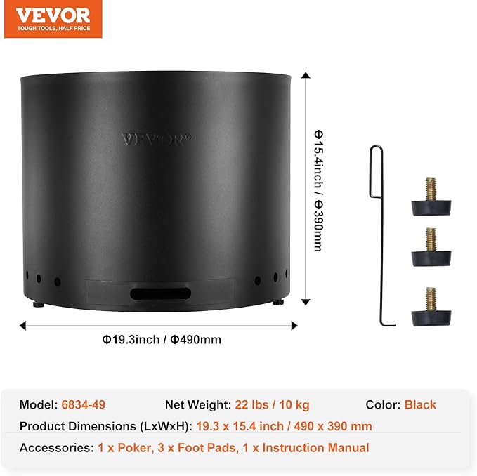 VEVOR Smokeless Fire Pit Stove Bonfire, H: 15.4 in x Dia: 19.3 in,Wood Burning Fireplaces with Removable Ash Pan, SUS430 Stainless Steel Inner Portable Outdoor Firepit, for Outdoor Patio Camping
