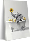 Ovczax Framed Funny Black And White Bathroom Wall Painting Elephant And Duck In Bathtub Cute Animals Kids Room Decor Canvas Print Decor 12 * 16in