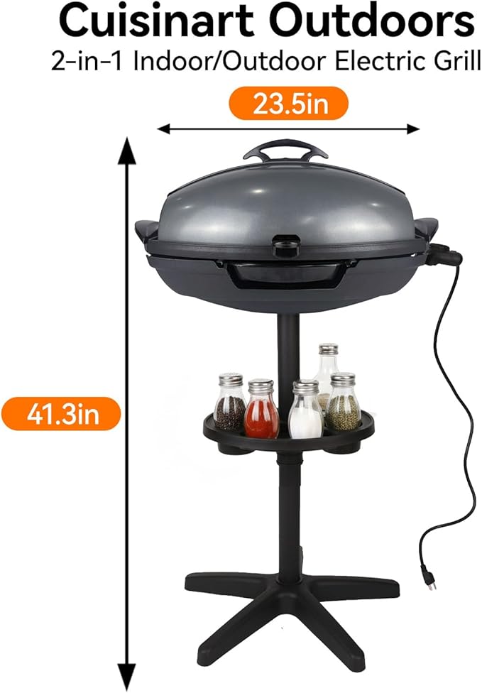 Portable Electric Grill with Removable Stand, 1500W Indoor & Outdoor BBQ, Non-Stick Baking Pan & Intelligent Temperature Control for Backyard, Balcony, Camping and Party, Gray