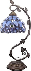 WERFACTORY Tiffany Table Lamp Blue Purple Stained Glass Baroque Style Reading Desk Light, Metal Leaf Base 8X10X21 Inches Decor Small Space Bedside Bedroom Home Office S003C Series