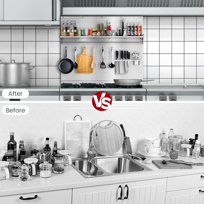 30"x30" Stainless Steel Stove Backsplash – Range Backsplash with Shelf & Knife Holder – Kitchen Wall Splash Guard with Pre-Drilled for Easy Installation & Easy Clean