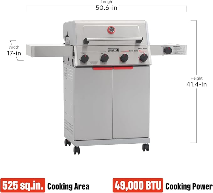 Monument Grills 4+1 Burner Stainless Steel 525 sq.in Propane M2 Gas Grill, 49,000 BTU, 500°F in 5 Mins, Outdoor Patio Grill with Broil Zone, 1 Side Burner, Foldable Side Shelf, with Paper Towel Rack