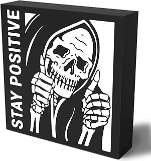 Funny Desk Decor For Men Decorations Inspirational Skeleton Man Wooden Box Sign Plaque Stay Positive Black Wood Box Sign Rustic Art Home Office Shelf Desk Decor 5 x 5 x 1.2 Inches