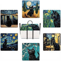 Drink Coasters for Drinks Set of 6, Art and Black Cat Absorbent Square Ceramic Stone Mat Coaster, with Cork Base and Metal Holder, Home Bar Decor House Warming Gift