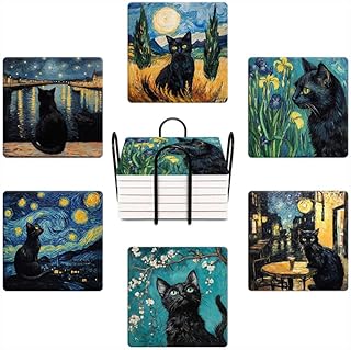 Drink Coasters for Drinks Set of 6, Art and Black Cat Absorbent Square Ceramic Stone Mat Coaster, with Cork Base and Metal Holder, Home Bar Decor House Warming Gift