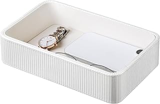 PU Leather Valet Tray Organizer, Small Nightstand Organizer Bedside Desktop Storage for Womens and Men, Perfume Trinket Catchall Vanity Tray for Key Watch Wallet (White, Rectangular)